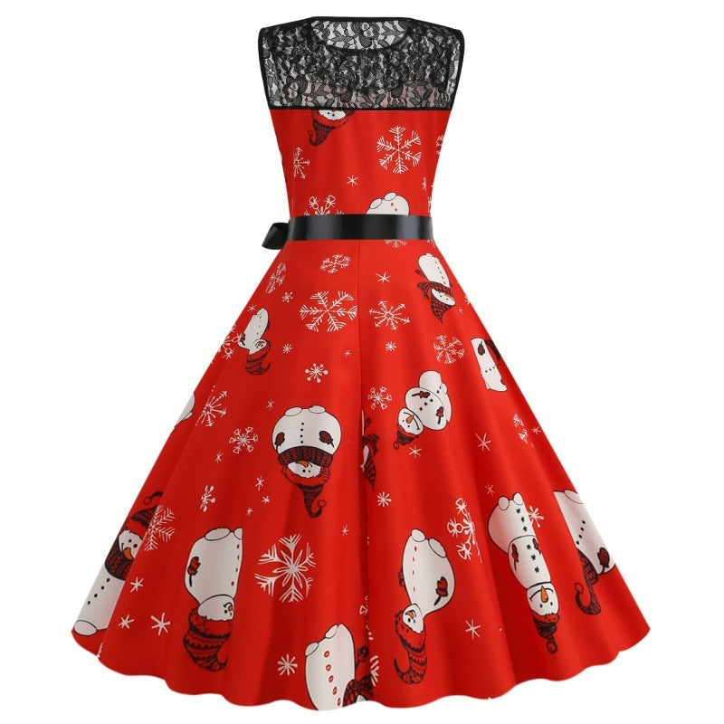 Lace Christmas Stitching Big Swing Dress