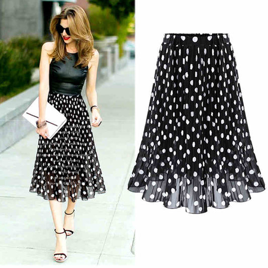 Large Size Polka Dot Pleated Skirt Chiffon Skirt