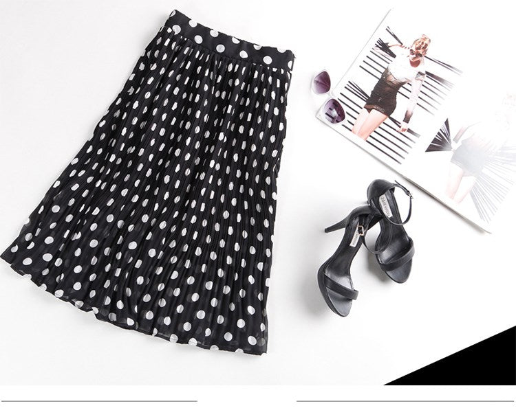 Large Size Polka Dot Pleated Skirt Chiffon Skirt