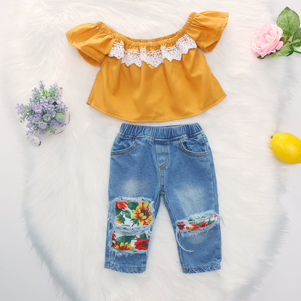Sunflower Print Brushed Jeans Set
