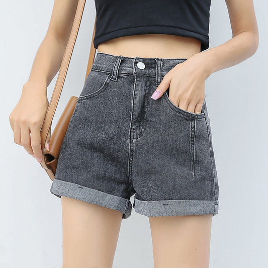 Hemming Denim Shorts Women Summer High Waist Stretch A Line Loose Wide Leg Pants