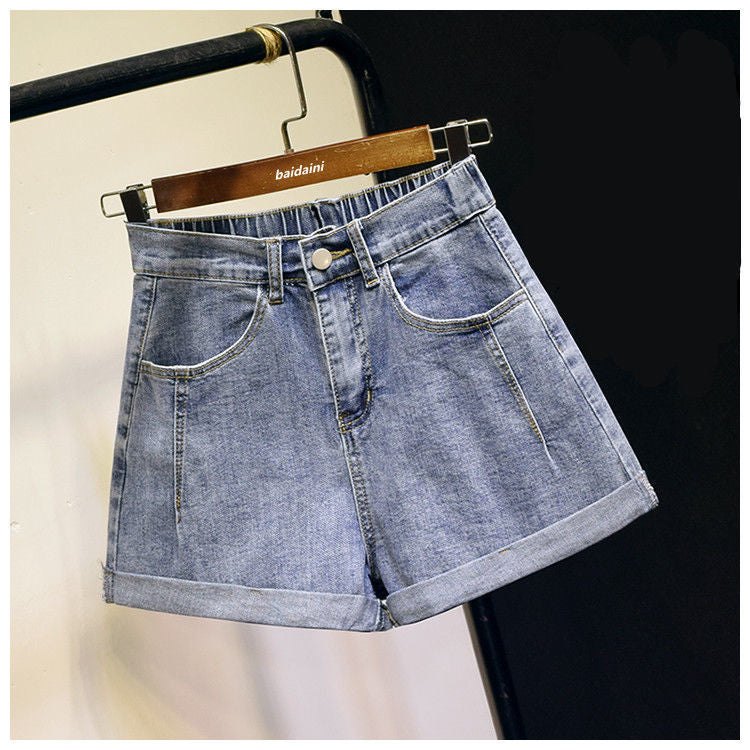 Hemming Denim Shorts Women Summer High Waist Stretch A Line Loose Wide Leg Pants