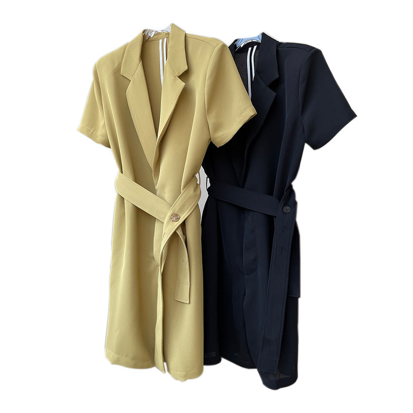 Simple Suit-style Turn-over Collar Waistband Jumpsuit Wide-leg Crisp Loose Shorts Women