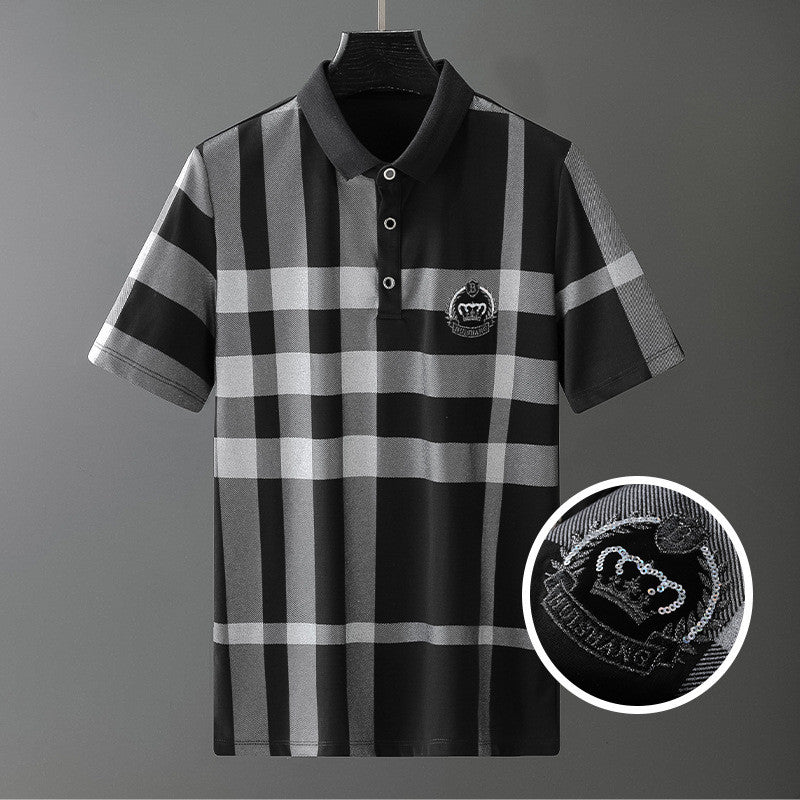 Summer New Style European Station Tide Brand Personality Splicing Striped Casual Lapel T-Shirt Shorts Suit Men