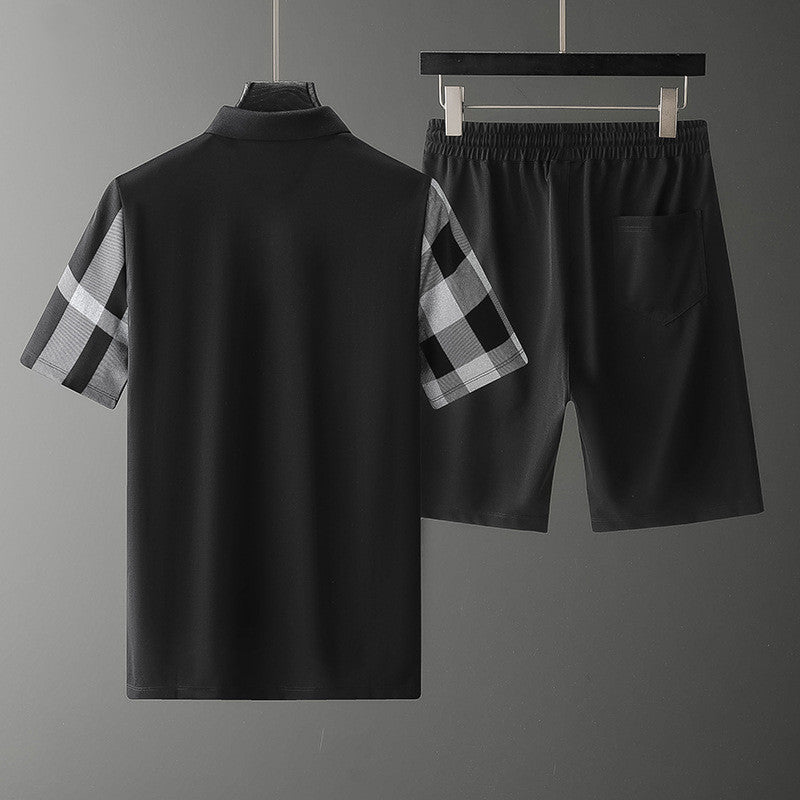 Summer New Style European Station Tide Brand Personality Splicing Striped Casual Lapel T-Shirt Shorts Suit Men