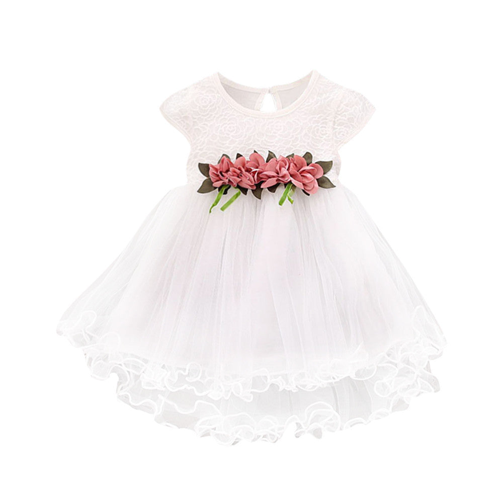 New Summer Korean Cotton Short-sleeved Girls Dress Flower Net Yarn Princess Dress Four-color Optional Children's Skirt