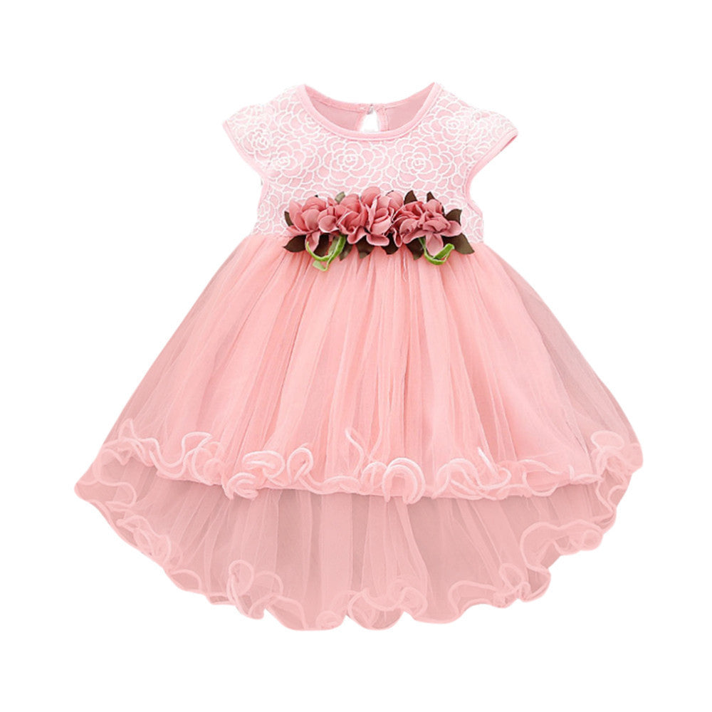 New Summer Korean Cotton Short-sleeved Girls Dress Flower Net Yarn Princess Dress Four-color Optional Children's Skirt