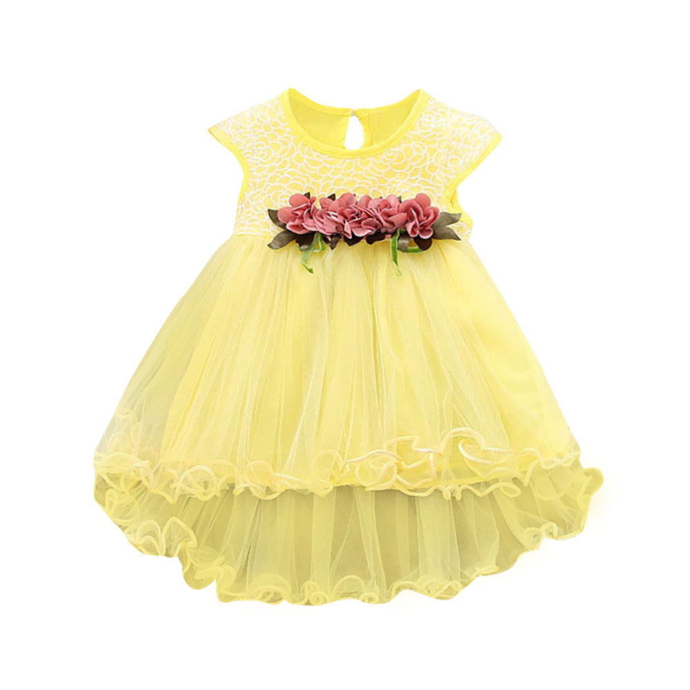 New Summer Korean Cotton Short-sleeved Girls Dress Flower Net Yarn Princess Dress Four-color Optional Children's Skirt