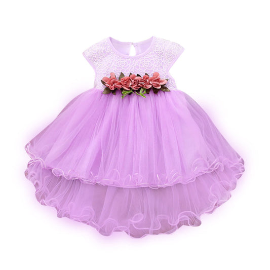 New Summer Korean Cotton Short-sleeved Girls Dress Flower Net Yarn Princess Dress Four-color Optional Children's Skirt