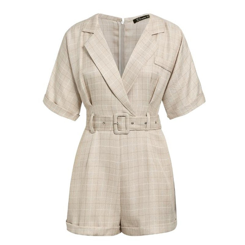 Suit collar jumpsuit check belt casual jumpsuit