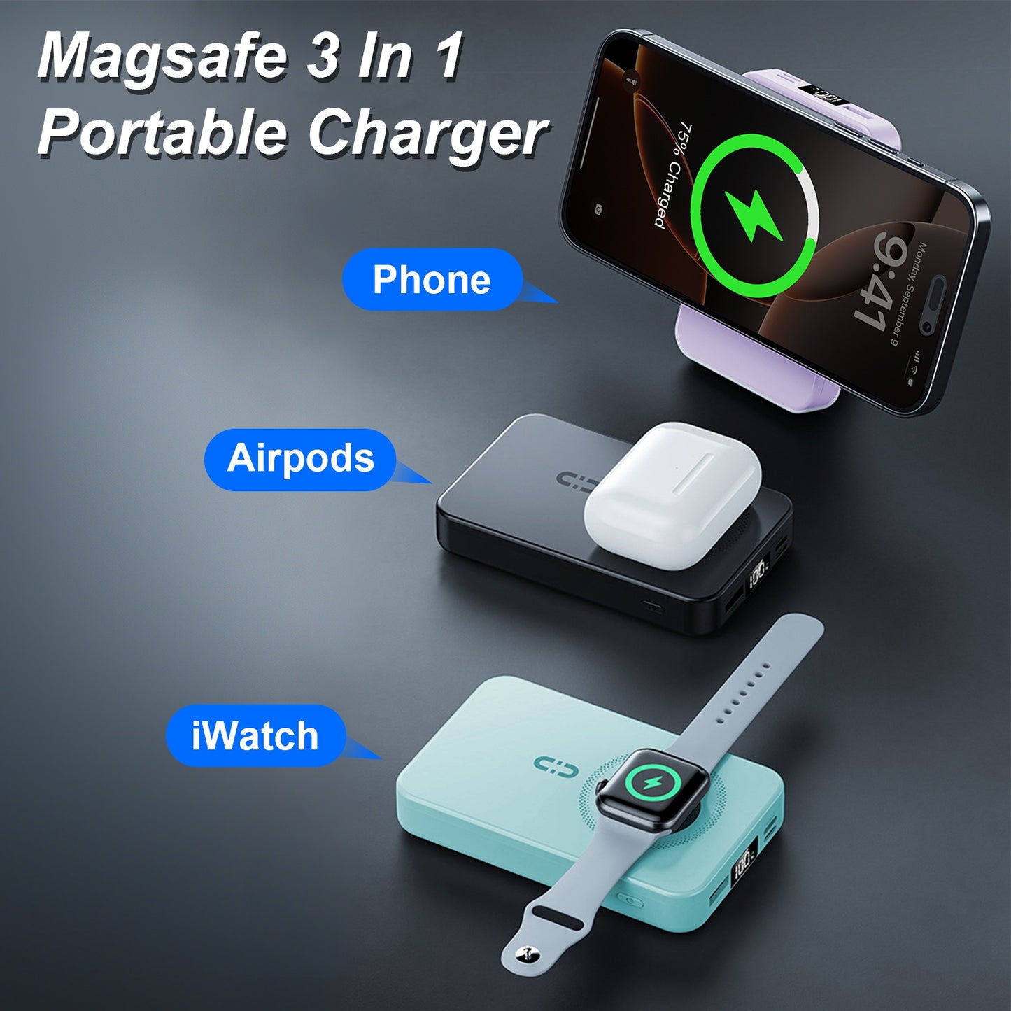 1Pc 3 In 1 10000mAh MagSafe Fast Charging Power Bank PD20W Portable Charger With 2 Built In Cables Stand Fit For IOS Phone 16 15 13 Series And More