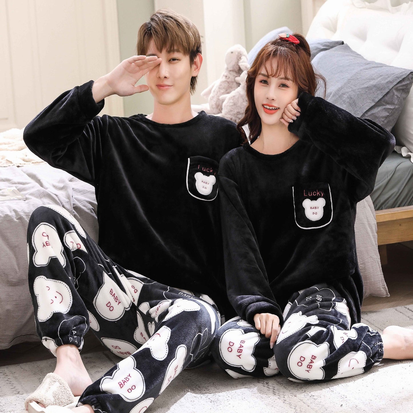 Couple Coral Velvet Pajamas Female Autumn And Winter Fleece-lined Cartoon