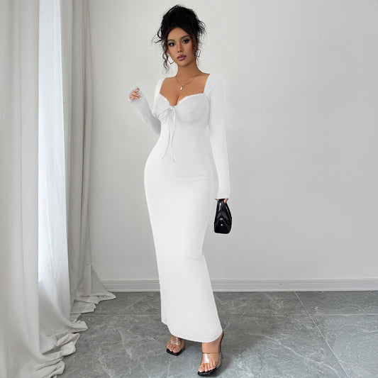 Solid Color Lace Package Hip Skirt Dress Women