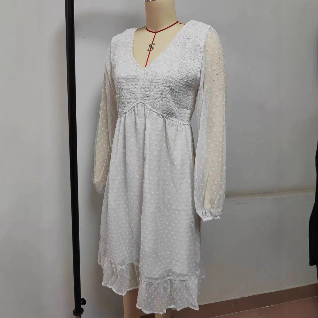 Spring And Summer V-neck Long-sleeved A- Line Skirt Dress Women