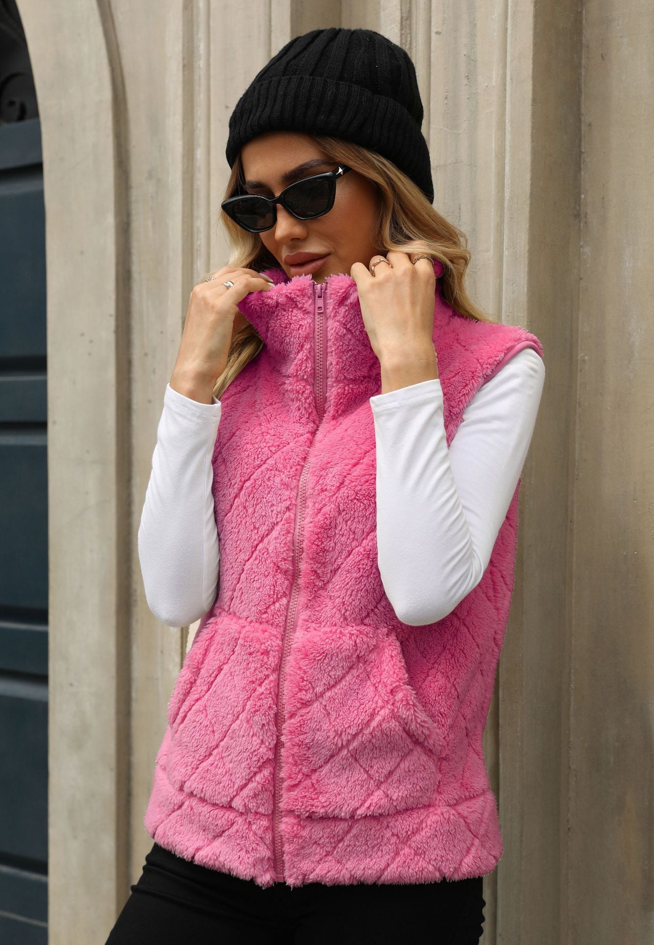 Women's Clothing Cardigan Zipper Loose Diamond Lattice Coat Plush Vest
