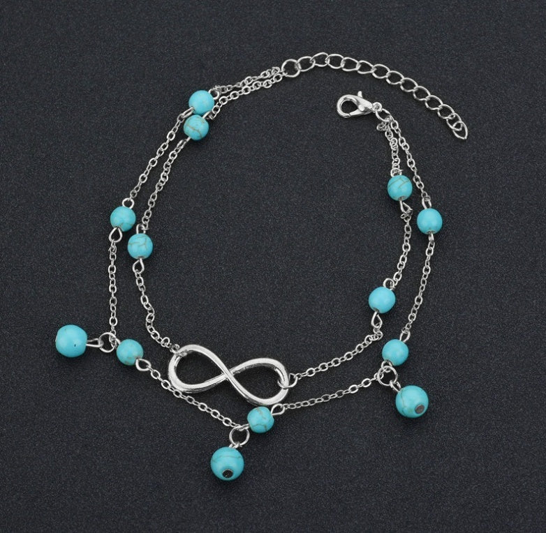 New multi-layered 8-word turquoise stone anklet