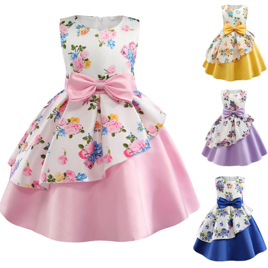 Girls' dress irregular skirt print children's dress bow costume