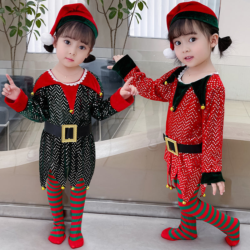 Children's Elf Sequins Dress Christmas Theme Suit
