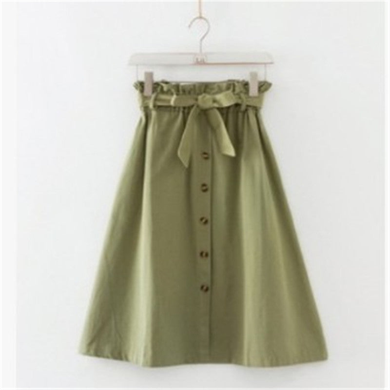 Elegant Button High Waist Skirt Female Pleated Skirt