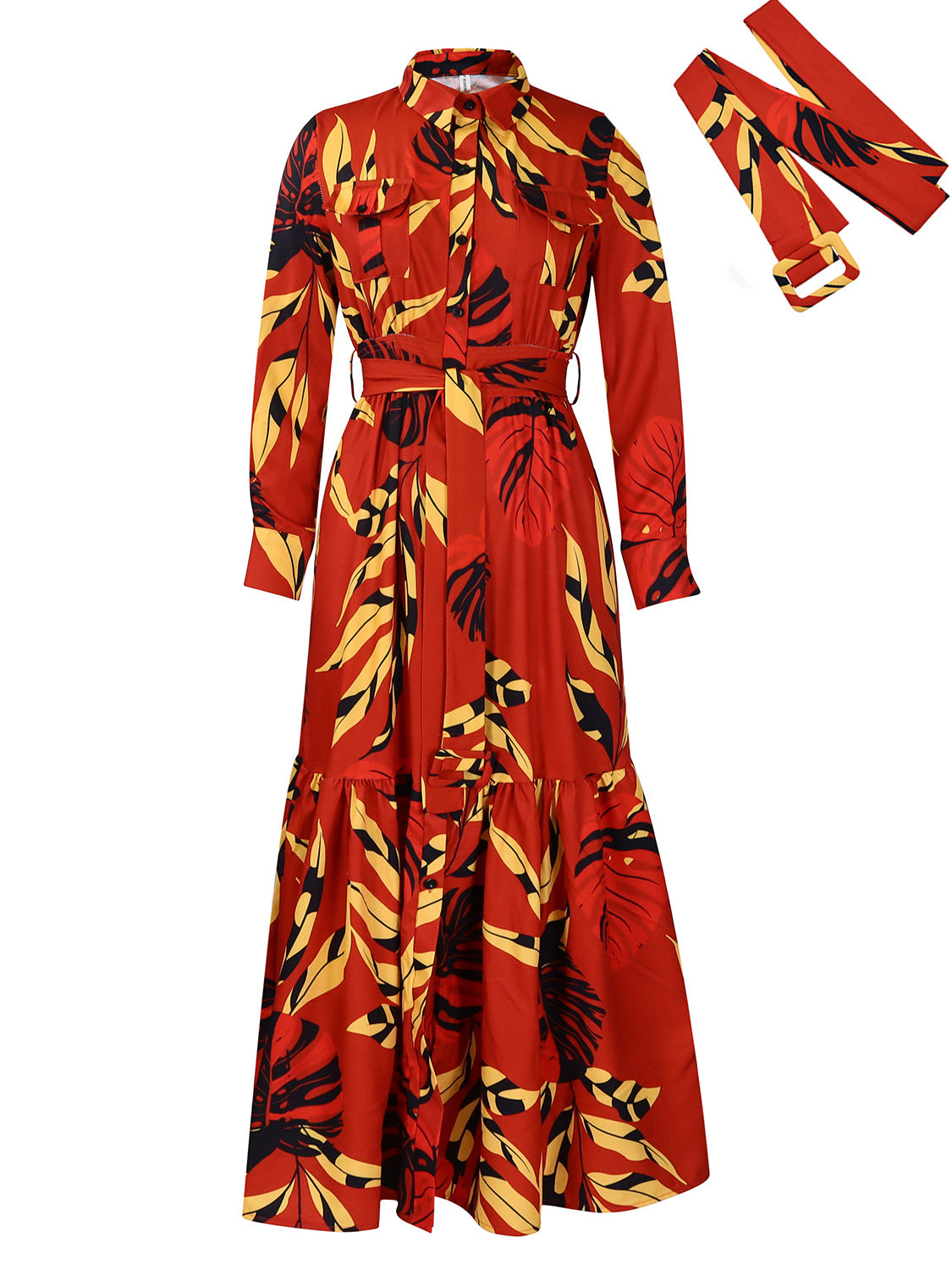 Lapel Lace-up Printed Long Sleeve Shirt Skirt Long Dress