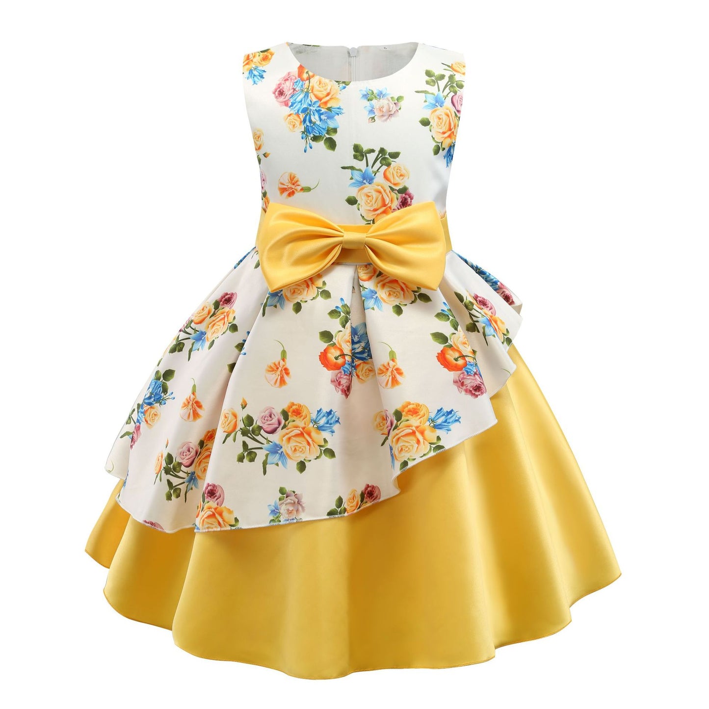 Girls' dress irregular skirt print children's dress bow costume