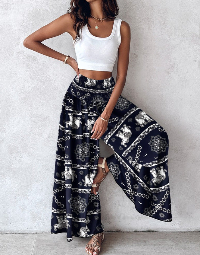 Women's Retro Floral Printed Waist-controlled Wide-leg Pants