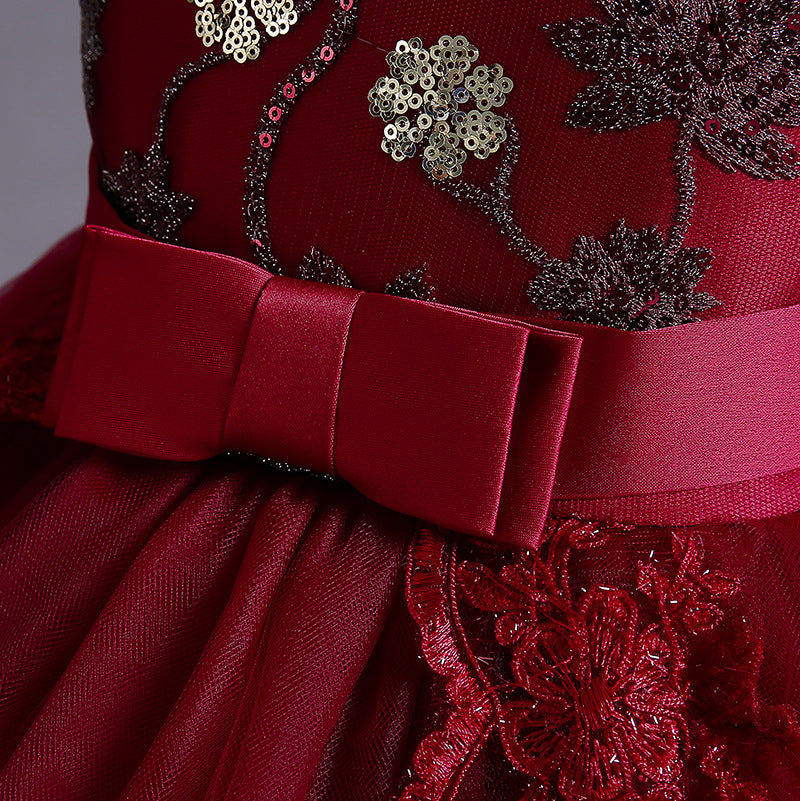 Girls Dress Embroidered Sequin Flower Trailing
