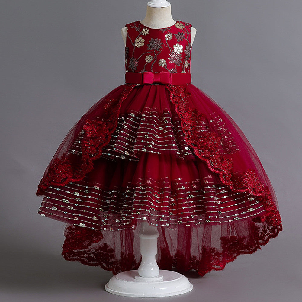 Girls Dress Embroidered Sequin Flower Trailing