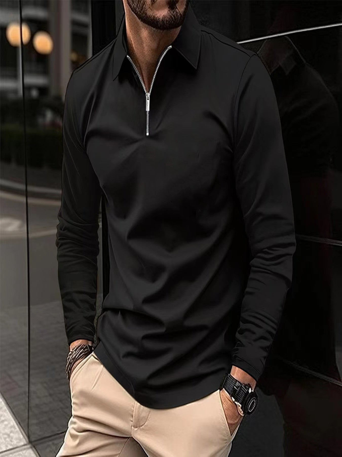 Zipper Men's Solid Color Long Sleeve Sports Polo Shirt