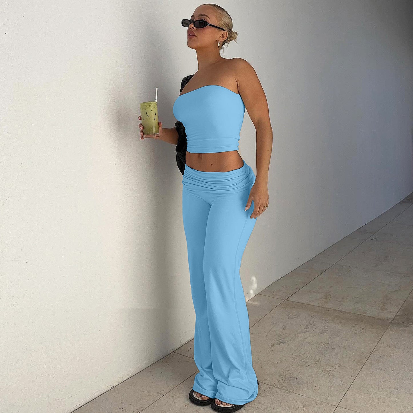 New Pure Color Tube-top Top Flared Pants Fashion Slim Suit