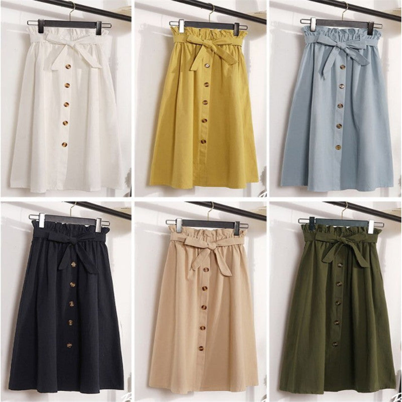 Elegant Button High Waist Skirt Female Pleated Skirt