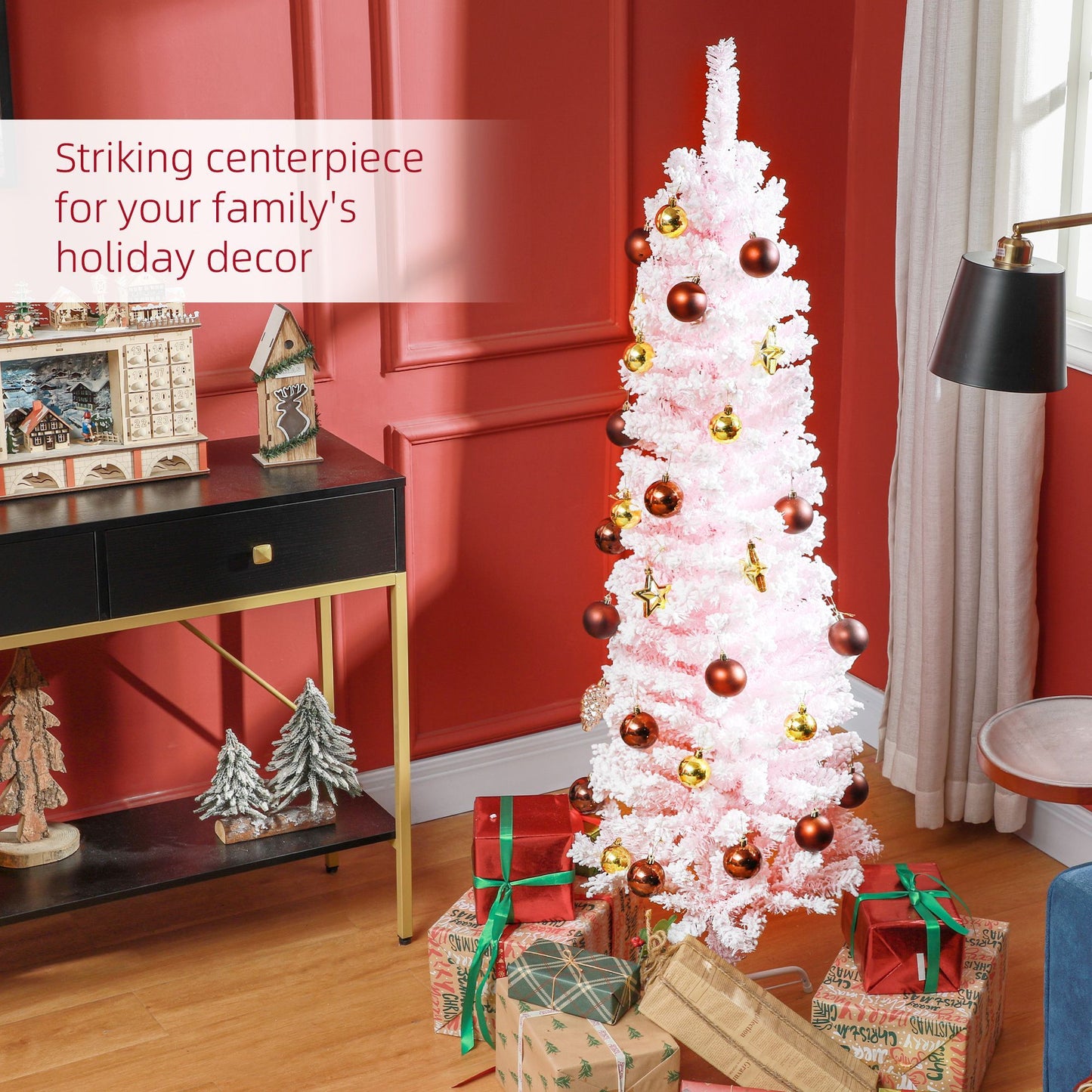 5ft Flocked Christmas Tree, Pencil Christmas Tree With Realistic Branch Tips, Folding Metal Stand