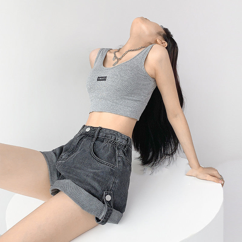 Fashionable Hot Girl Overalls Denim Shorts Women Rolled Hem