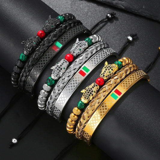Red And Green Drip Oil Men's Set Bracelet Jewelry