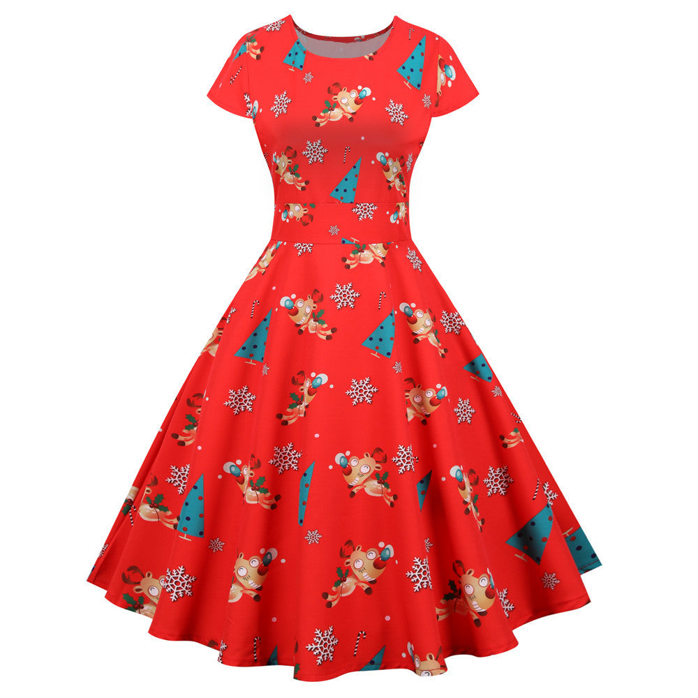 Christmas round neck short sleeve printed dress