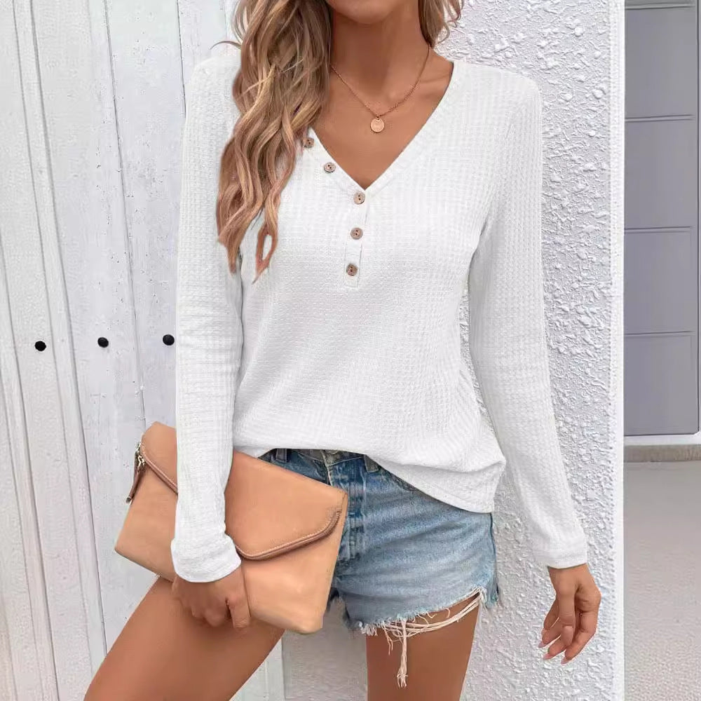 Waffle V-neck Buttons Long Sleeve T-shirt