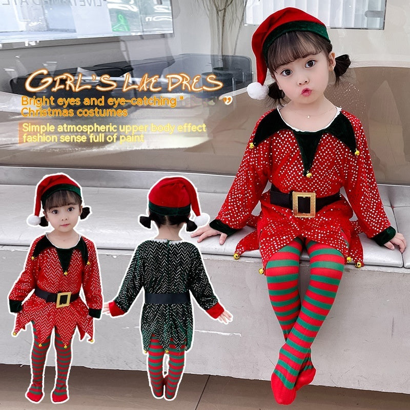 Children's Elf Sequins Dress Christmas Theme Suit
