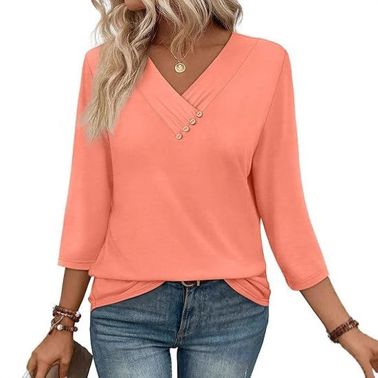 European And American New Autumn Women's Clothing Button V-neck Fashion Casual Sleeve T-shirt