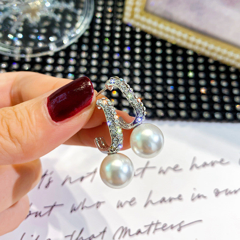 Sterling Silver Needle Diamond C- Shaped Pearl Earrings For Women Japanese And Korean Style Graceful Online Influencer Ear Rings Simple Cold Style Earrings