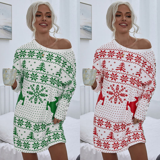 Fashionable Christmas Printed Knit Dress