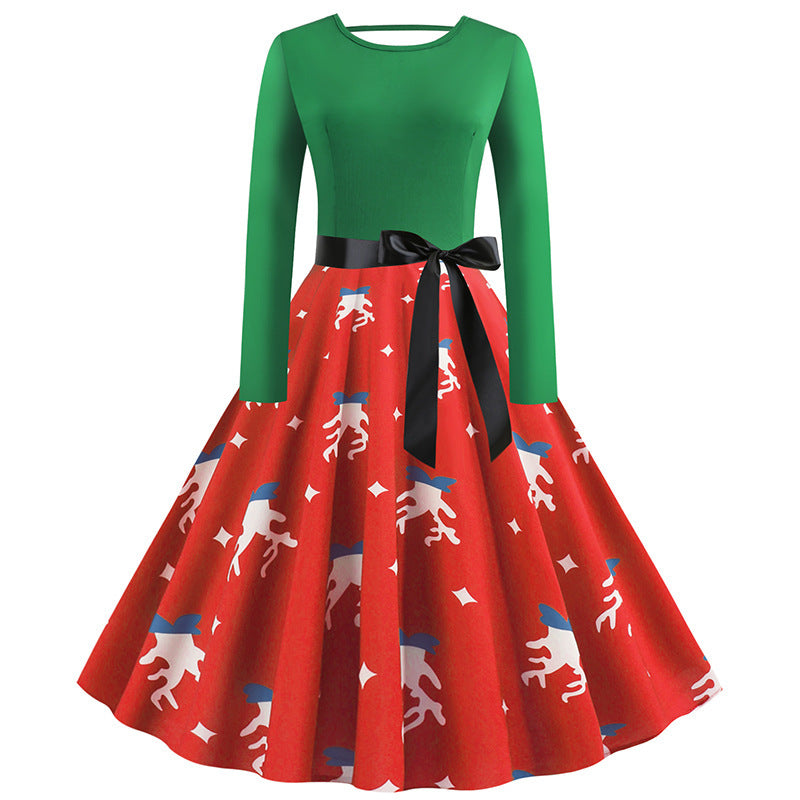 Christmas print lace long sleeve dress