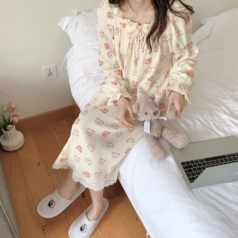 Cute Cartoon Bear Cotton Yarn Nightdress Women's Homewear