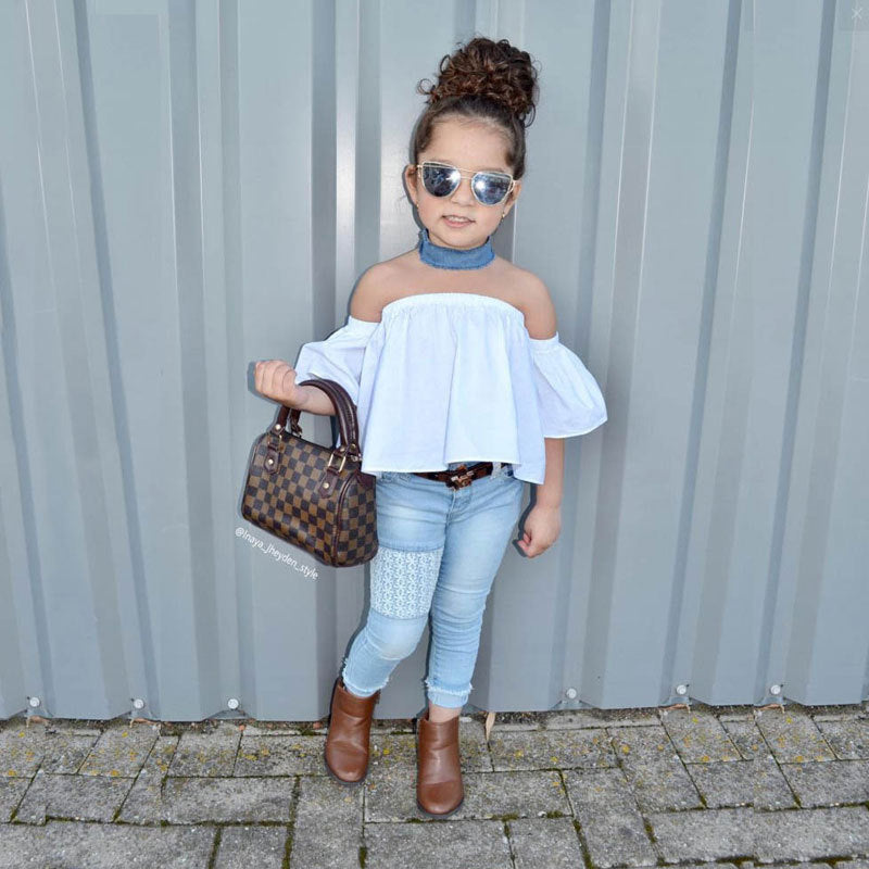 One-line neck strapless jeans suit