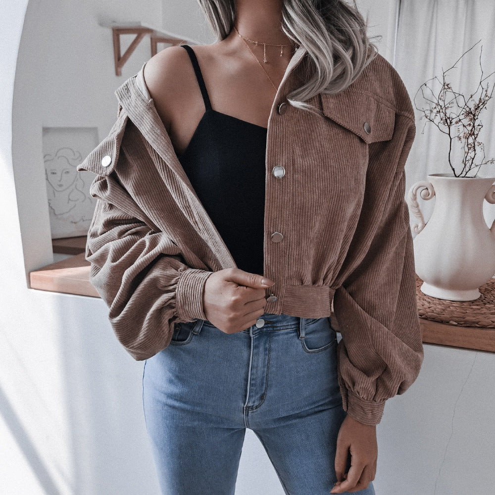 Women's Casual Lapel Corduroy Jacket Short Coat