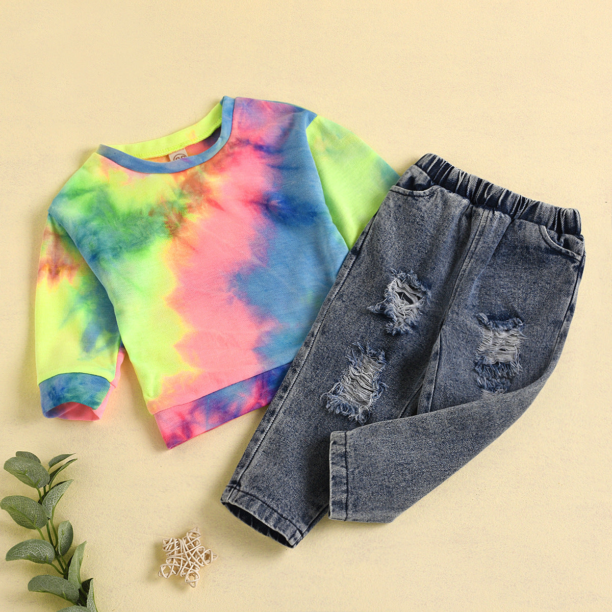 Rainbow Tie Dye Sweater  Cut Hole Jeans Set
