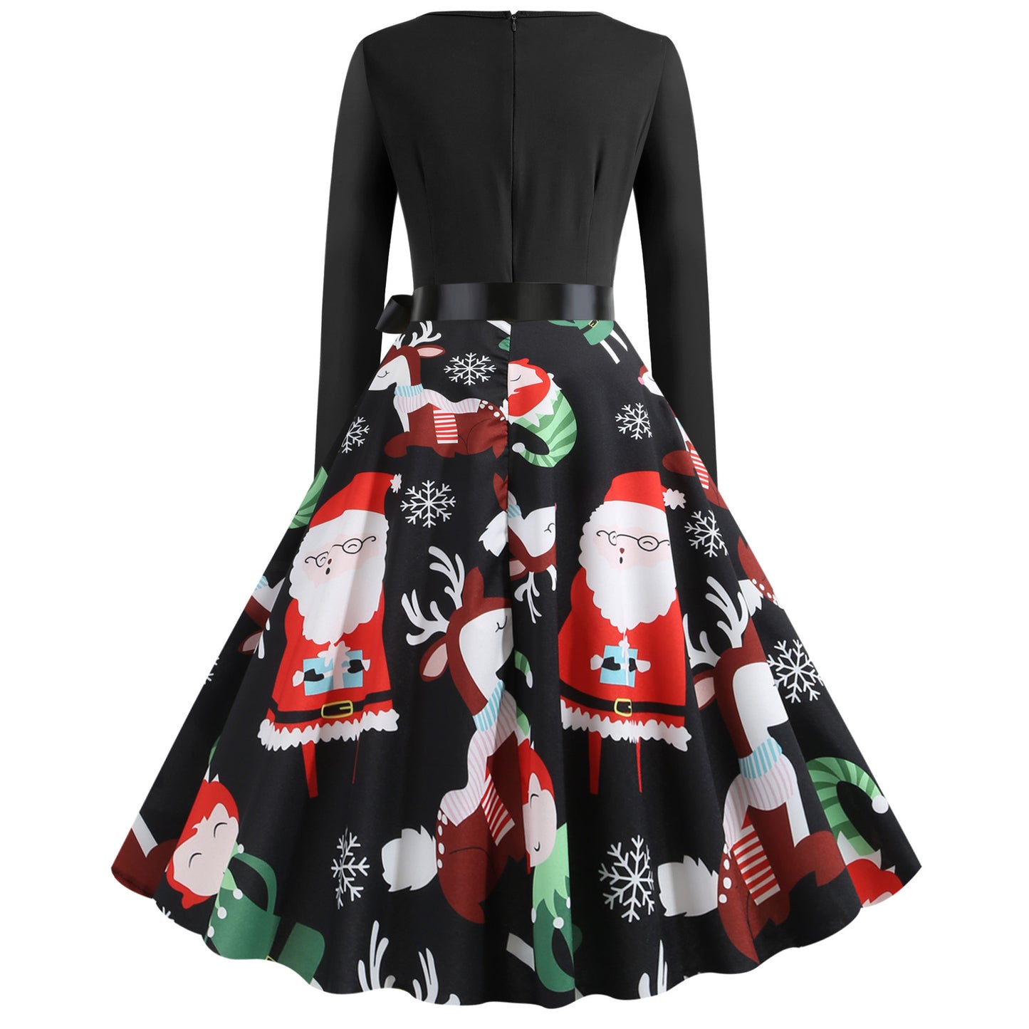 Christmas print lace long sleeve dress