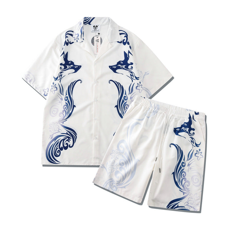Digital Print White Totem Pattern Shorts Short Sleeve Suit For Men