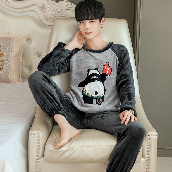 Flannel Pajamas Men's Autumn And Winter Warm Suit Youth Round Neck Fashion Casual Suitable For Daily Wear Homewear