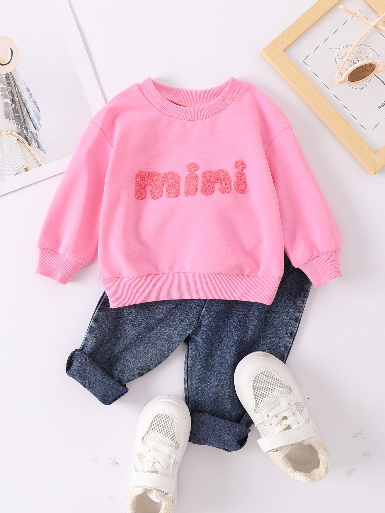 Boys And Girls Casual Letter Print Pullover Sweater Jeans Two-piece Set