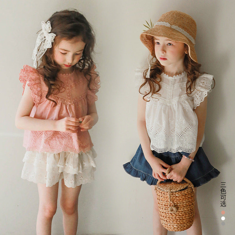 Girls Sleeveless Hollow Out Flounced Sleeve Strawberry Shan Top T-shirt